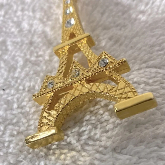 Vintage Gold Toned Eiffel Tower Pin Brooch With Jewels - Picture 6 of 7